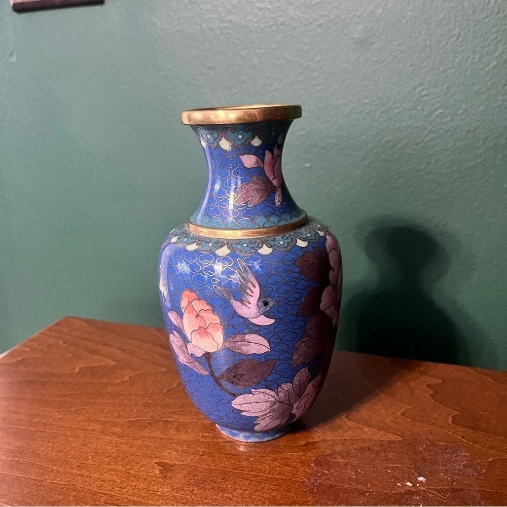 Vintage Chinese Cloisonne Bud Vase Blue Pink Gold Enamel Floral Peony Bird 6